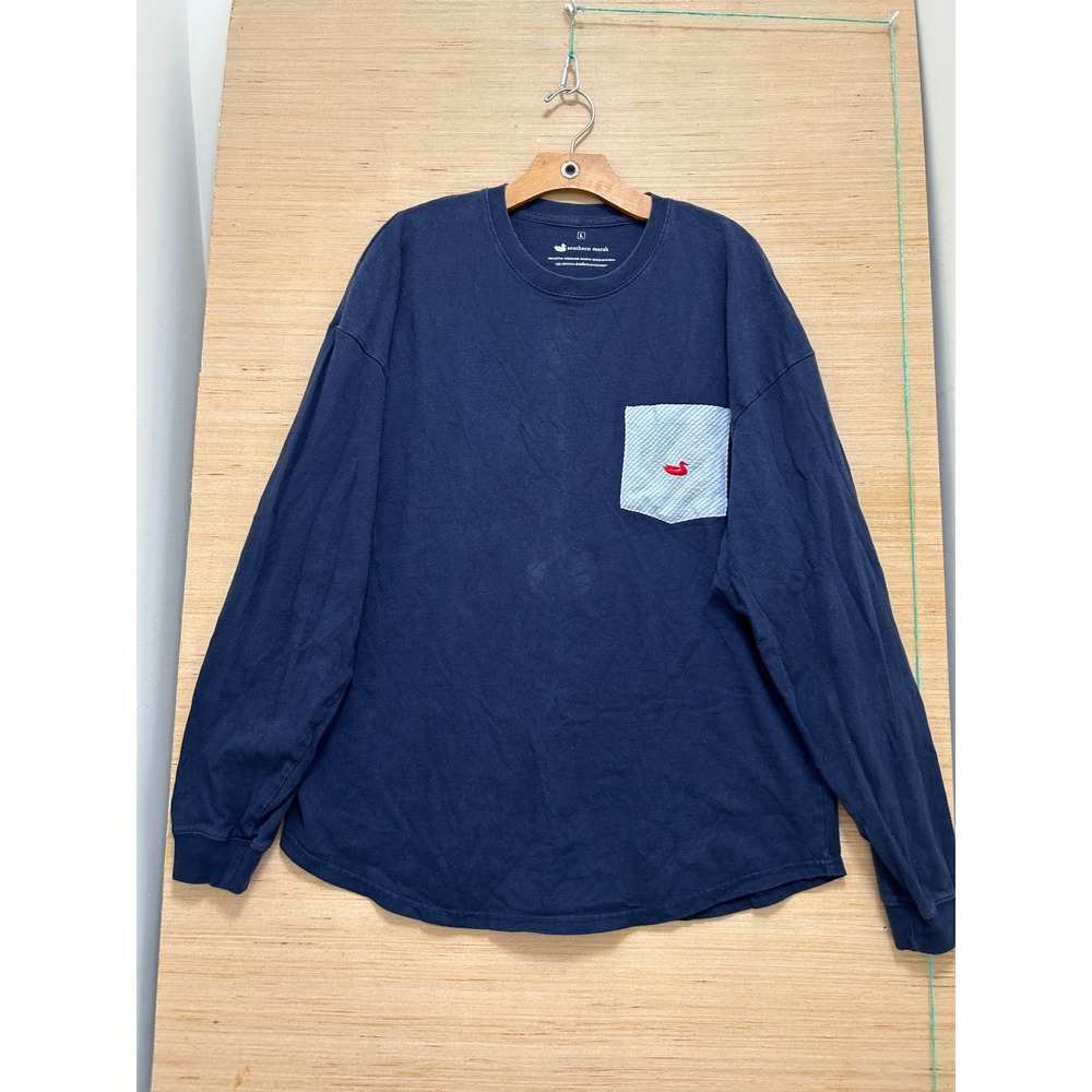 Southern Marsh Mens Navy Blue Long Sleeve Pocket‎ Tee Seersucker Graphic Large